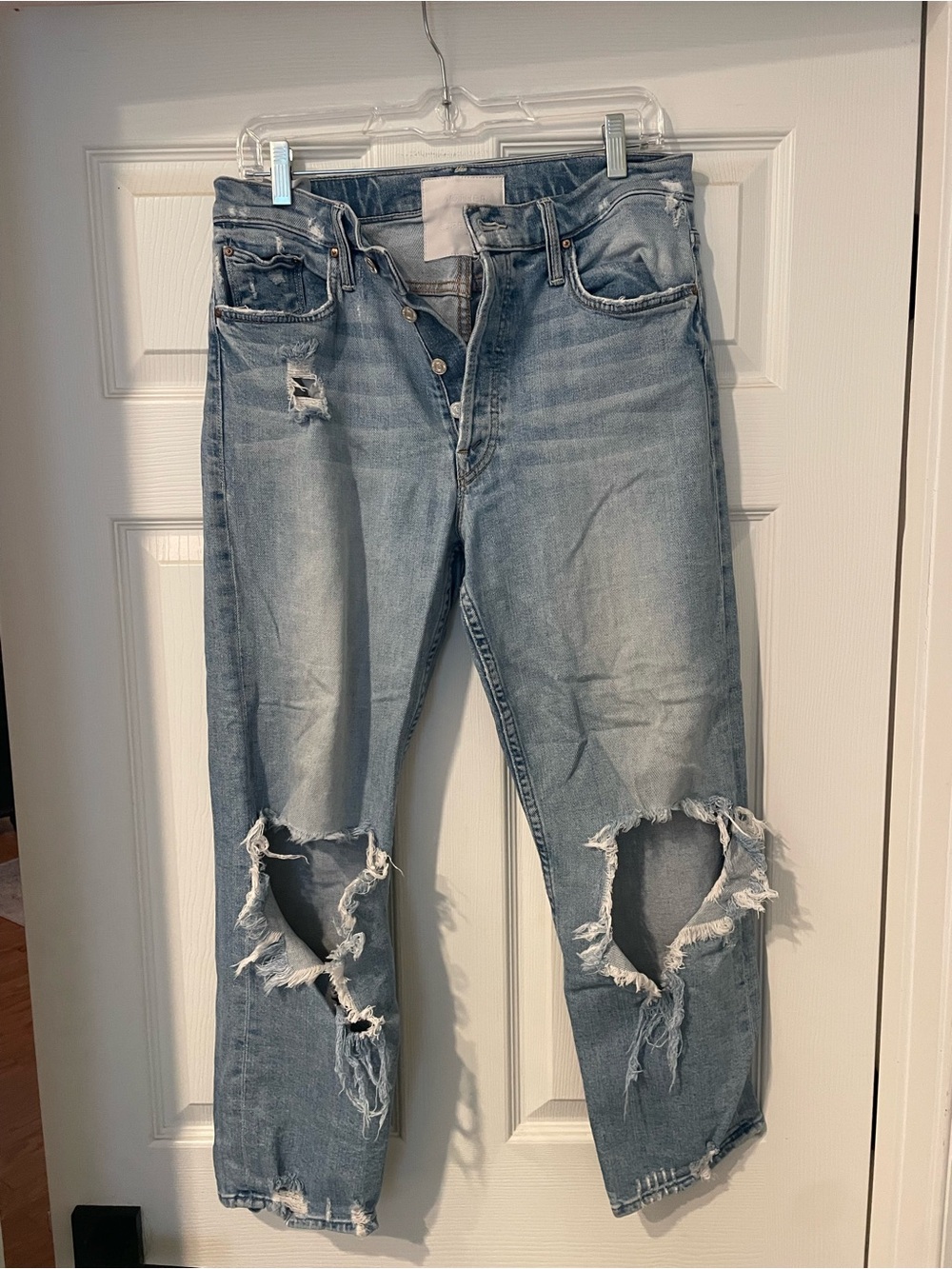 MOTHER Light Blue Distressed Ankle Crop Jeans